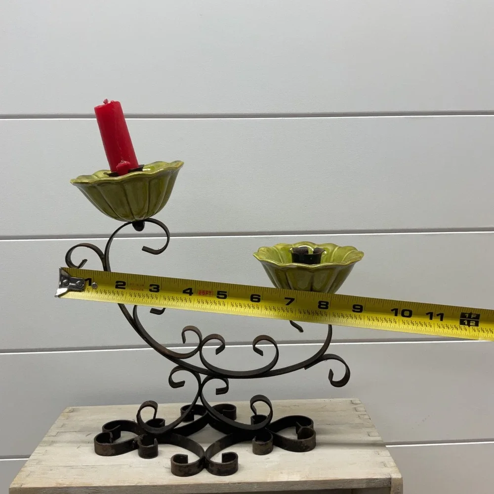 Vintage Wrought Iron Scroll Candelabra Chartreuse Green Ceramic Flower Basins